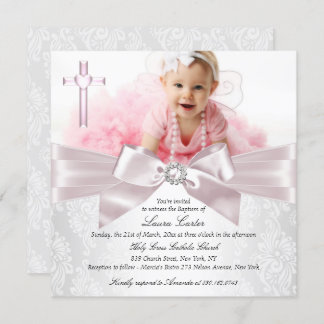 Pretty Pink Bow Cross Photo Baptism/Christening Invitation