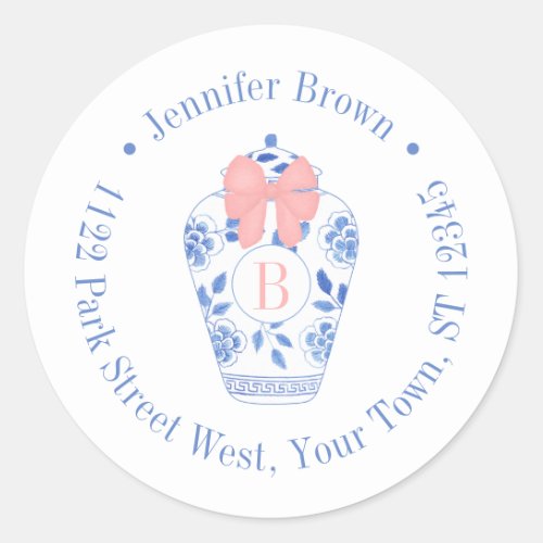 Pretty Pink Bow Ginger Jar Monogram Return Address Classic Round Sticker