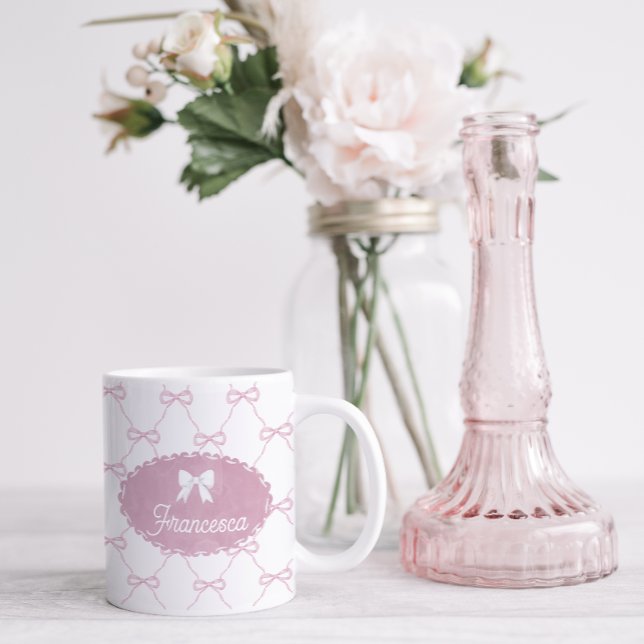 Pretty Pink Bow Grandmillennial Style Coffee Mug (Pretty pink bow mug with name on front and back with crest name plate and white bow)