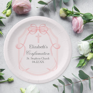 Pretty Pink Bow Ribbon Confirmation Party Custom Paper Plates