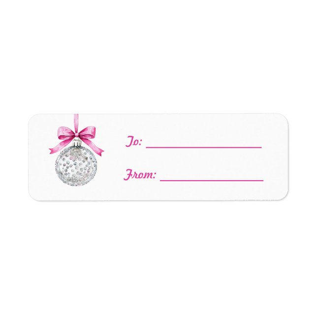 Pretty Pink Bow Silver Ornament Christmas Label (Front)