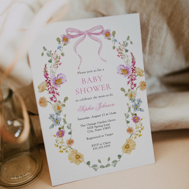 Pretty Pink Bow Wildflower Baby Shower Invitation (Creator Uploaded)