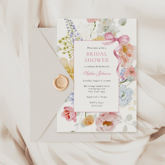 Pretty Pink Bow Wildflower Bridal Shower Invitation