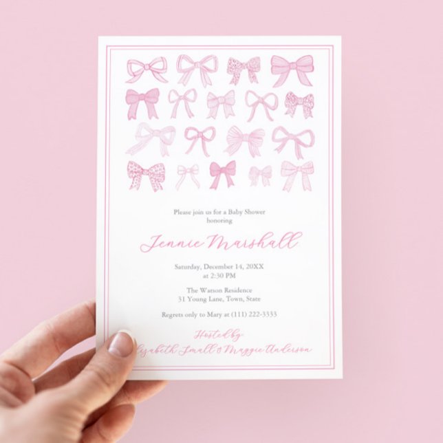 Pretty Pink Bows Girl Baby Shower Party Invitation (Pretty pink and white hand painted watercolor bows baby shower invitation for little girl)