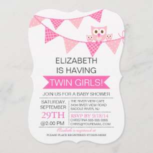 Pretty Pink Bunting Owl TWIN GIRLS Baby Shower Invitation