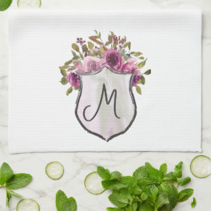 Pretty Pink Burgundy Amour Floral Monogram Kitchen Towel