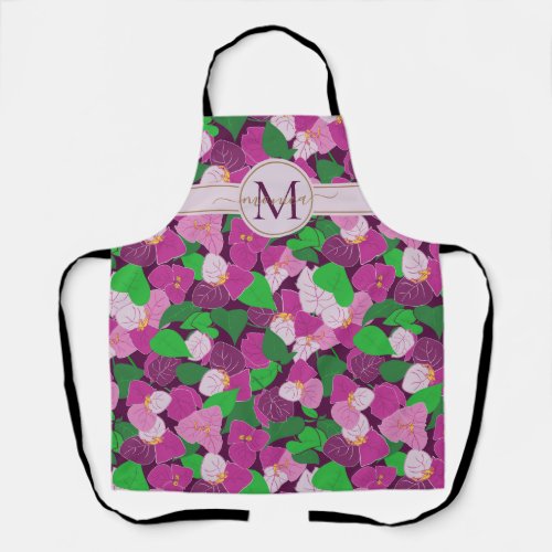 Pretty Pink Burgundy Floral Gold Name Monogrammed  Apron