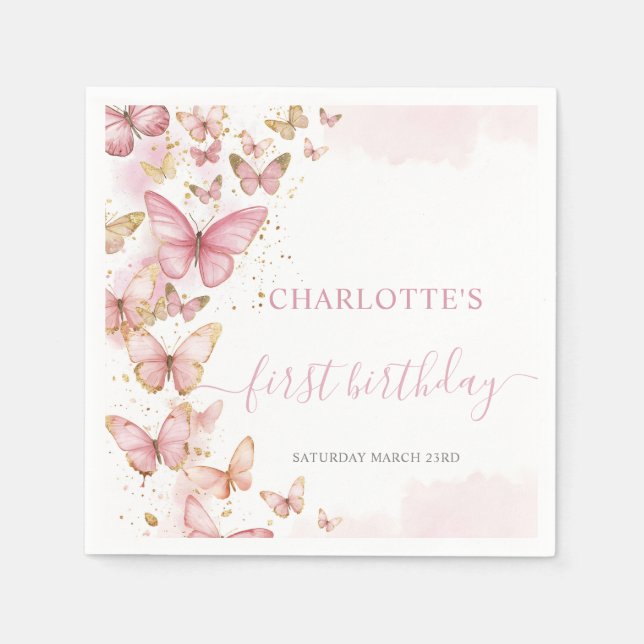Pretty Pink Butterflies 1st 2nd 3rd 5th Birthday Napkins (Front)