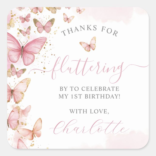 Pretty Pink Butterflies 1st 2nd 3rd Birthday Favor Square Sticker (Front)