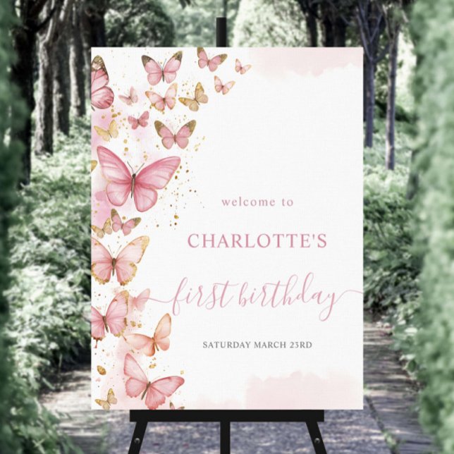 Pretty Pink Butterflies 1st First Birthday Welcome Foam Board (Creator Uploaded)