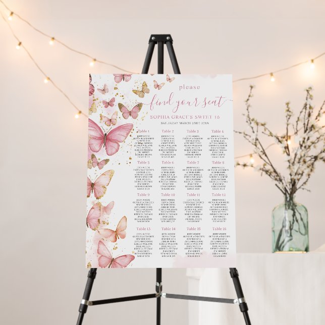 Pretty Pink Butterflies Birthday Seating Chart Foam Board (In Situ (Stand))