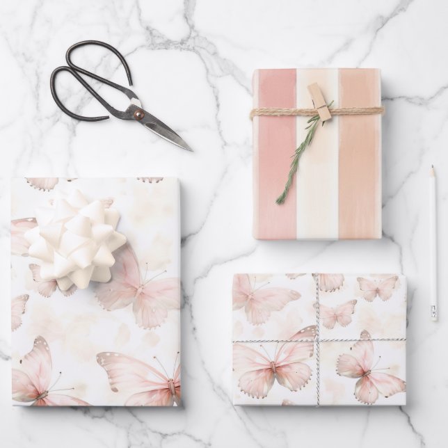 Pretty Pink Butterflies Birthday Wrapping Paper Sheets (Front)
