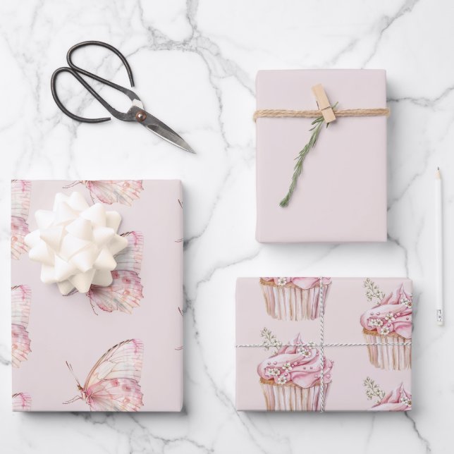 Pretty Pink Butterflies Birthday Wrapping Paper Sheets (Front)