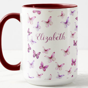 Pretty Pink Butterflies Custom Name Colored Handle Mug