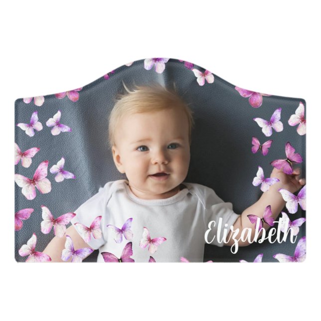 Pretty Pink Butterflies Custom Name Door Sign (Small Crest Front)
