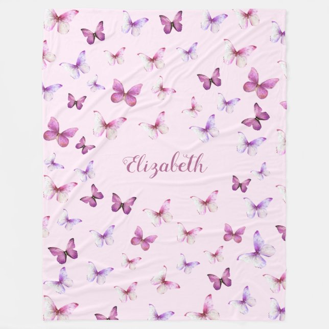 Pretty Pink Butterflies Custom Name Girl Fleece Blanket (Front)