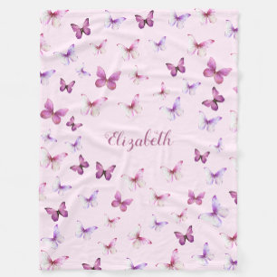 Pretty Pink Butterflies Custom Name Girl Fleece Blanket