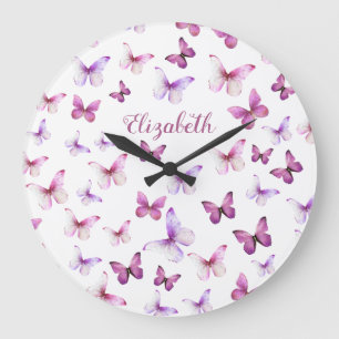 Pretty Pink Butterflies Custom Name Large Clock