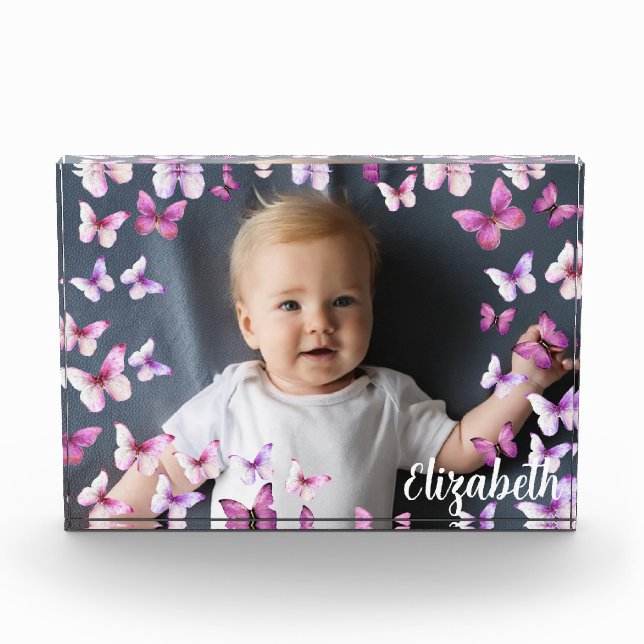 Pretty Pink Butterflies Custom Name Photo Block (Front)