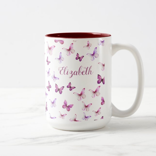 Pretty Pink Butterflies Custom Name Two-Tone Coffee Mug (Right)