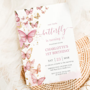 Pretty Pink Butterflies Girl 1st First Birthday  Invitation