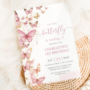 Pretty Pink Butterflies Girl 1st First Birthday  Invitation