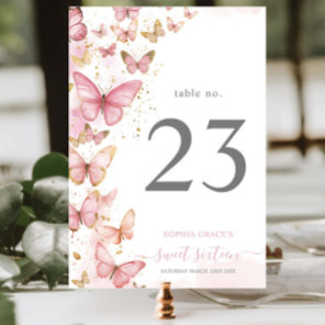 Pretty Pink Butterflies Sweet 16 Quince Birthday Table Number