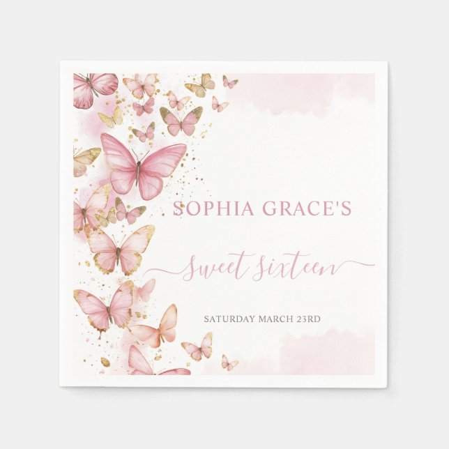 Pretty Pink Butterflies Sweet 16 Quinceanera XV 15 Napkins (Front)