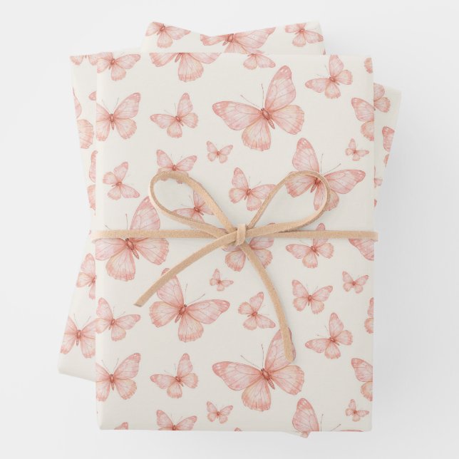 Pretty pink butterflies wrapping paper sheets (In situ)