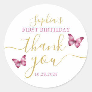 Pretty Pink Butterfly 1st Birthday Thank you  Classic Round Sticker