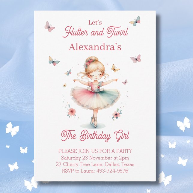 Pretty Pink Butterfly and Ballerina Birthday Party Invitation (Creator Uploaded)