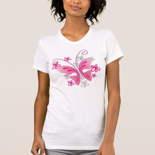 Pretty Pink Butterfly And Silver Flowers T-Shirt (Front)