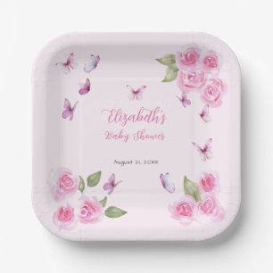 Pretty Pink Butterfly Baby Shower Paper Plate