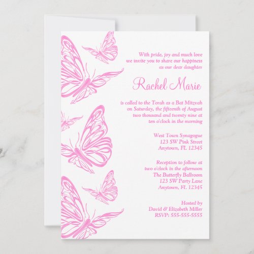 Pretty Pink Butterfly Bat Mitzvah Invitations