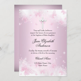 Pretty Pink Butterfly & Cross Baptism Invite