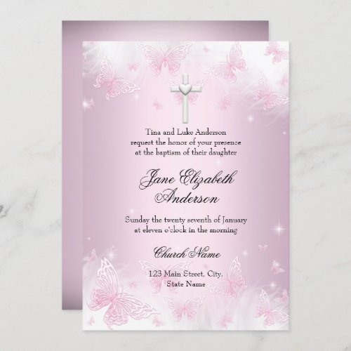 Pretty Pink Butterfly  Cross Baptism Invite