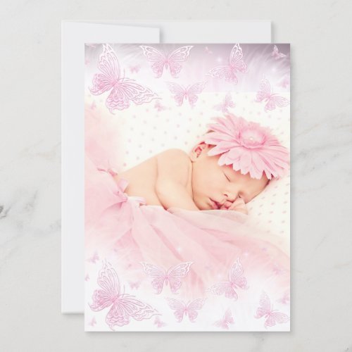 Pretty Pink Butterfly  Cross Photo Baptism 2 Invitation