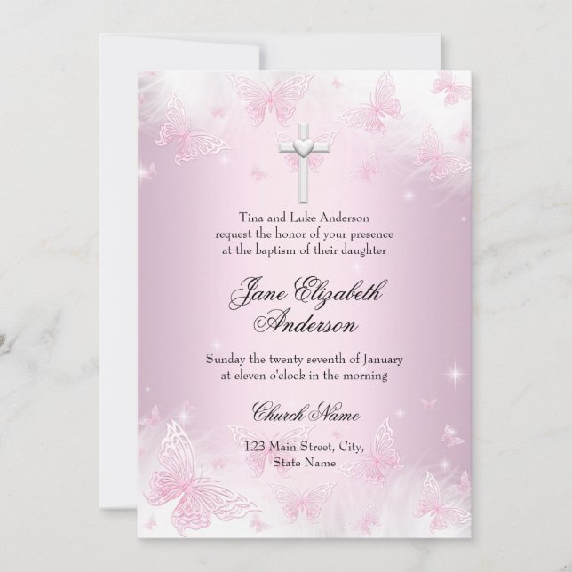 Pretty Pink Butterfly & Cross Photo Baptism Invite (Front)