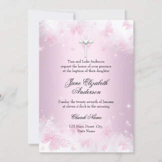 Pretty Pink Butterfly & Cross Photo Baptism Invite