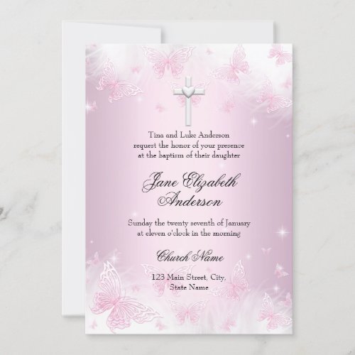 Pretty Pink Butterfly  Cross Photo Baptism Invite