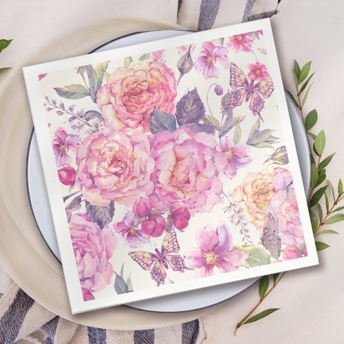 Pretty Pink Butterfly Floral Napkins
