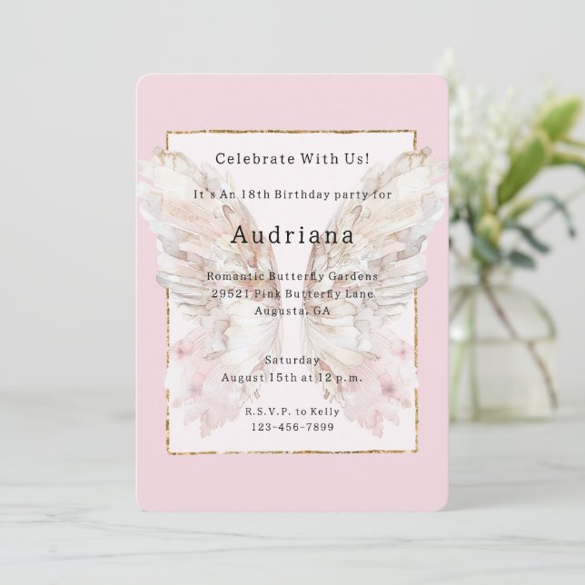 Pretty Pink Butterfly Gold Glitzy Frame Birthday   Invitation (Standing Front)