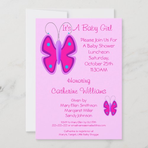Pretty Pink Butterfly It's A Baby Girl Shower Custom Invitation
