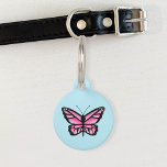 Pretty Pink Butterfly Pet Name Tag<br><div class="desc">This pet tag has a lovely illustration of a pink butterfly on a light blue background color. On the other side there are customizable text areas for the name of the pet and for a phone number.</div>