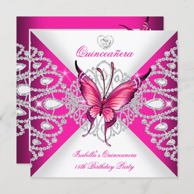 Pretty Pink Butterfly Tiara Quinceanera 15th Party Invitation (Front/Back)