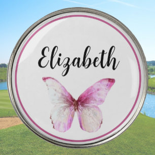 Pretty pink butterfly with custom name ladies golf ball marker