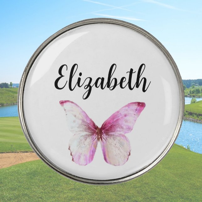 Pretty pink butterfly with custom name ladies golf ball marker (Creator Uploaded)