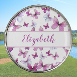 Pretty pink butterfly with custom name ladies golf ball marker