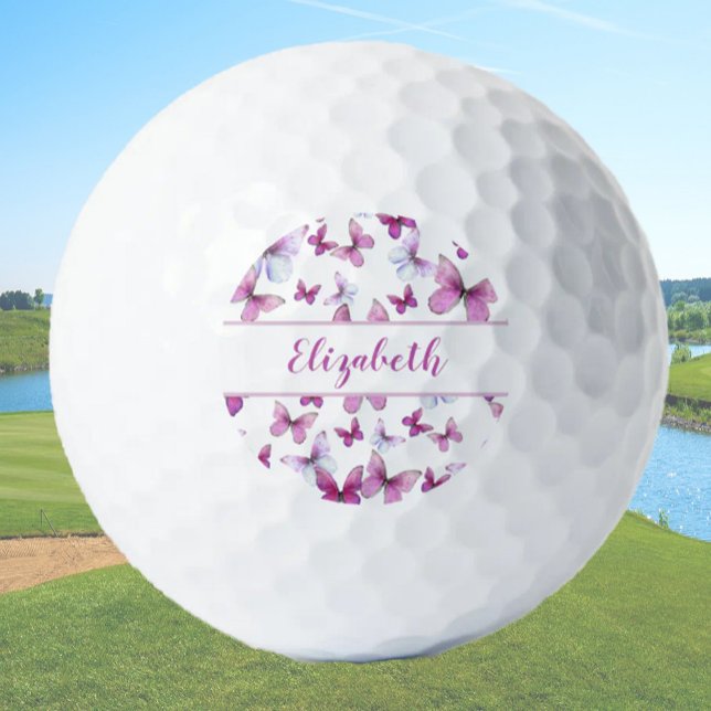 Pretty pink butterfly with custom name ladies  golf balls (Creator Uploaded)