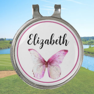 Pretty pink butterfly with custom name ladies golf hat clip